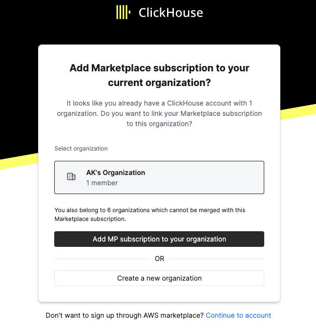 기존 조직에 marketplace subscription을 추가하는 방법을 보여주는 ClickHouse Cloud 인터페이스