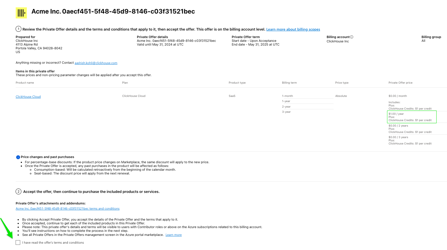 Azure Marketplace 비공개 오퍼 세부 정보