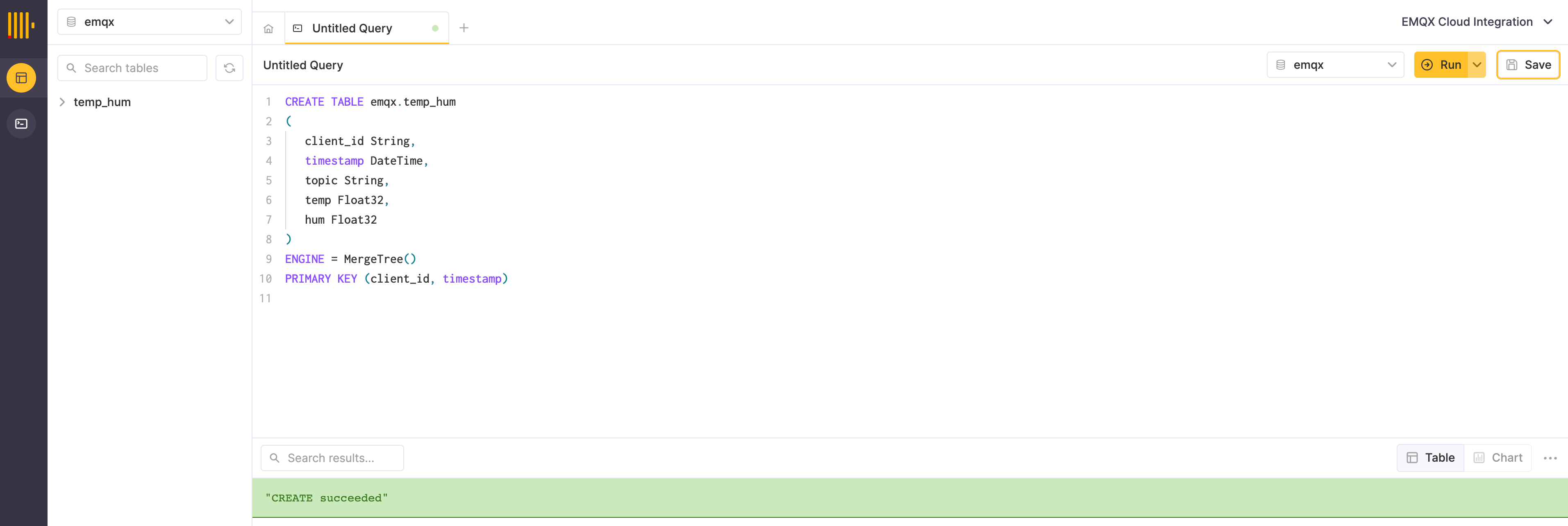 ClickHouse Cloud에서 데이터베이스와 테이블을 생성하는 SQL 쿼리 실행