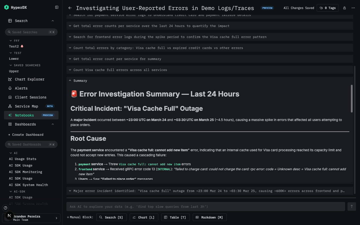 Visa cache full 장애를 조사하는 AI Notebook