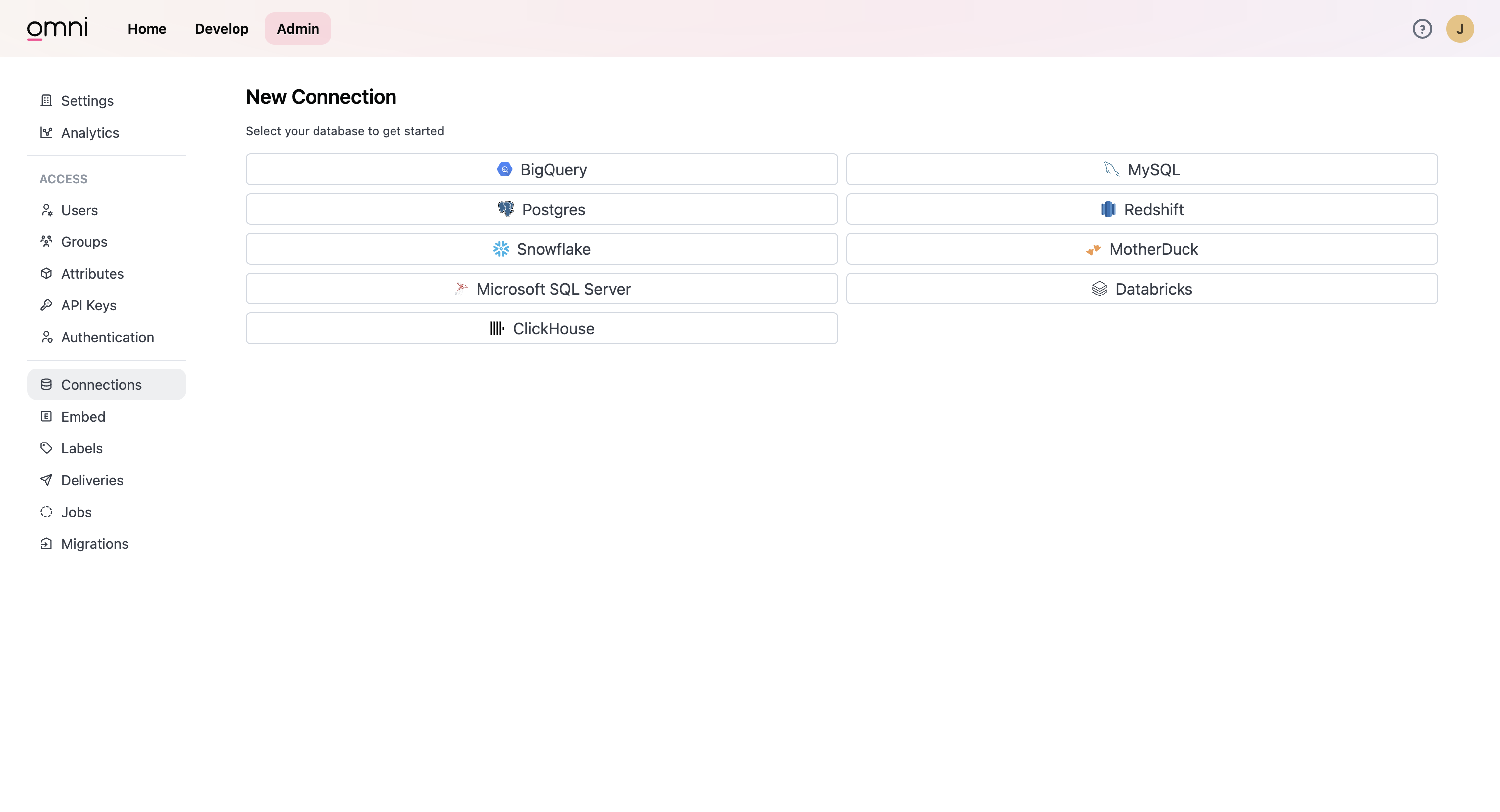 Connections 섹션에서 Add Connection 버튼을 보여주는 Omni 관리자 인터페이스