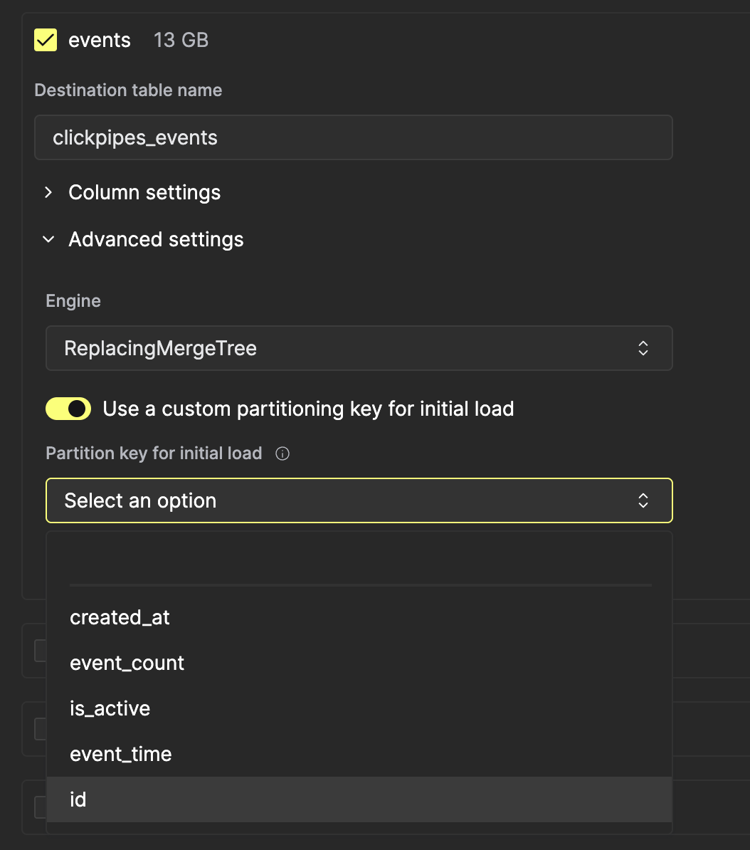 파티션 키 컬럼